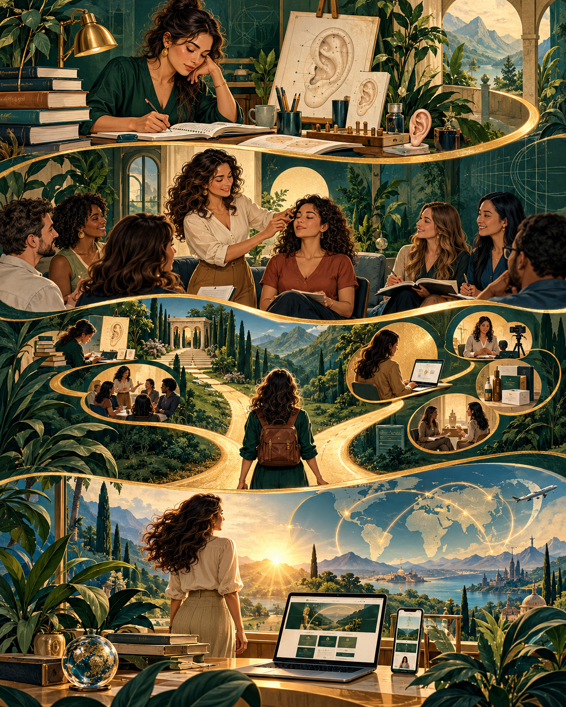 Quatro cenas ilustradas: estudo, comunidade, decisão e expansão profissional